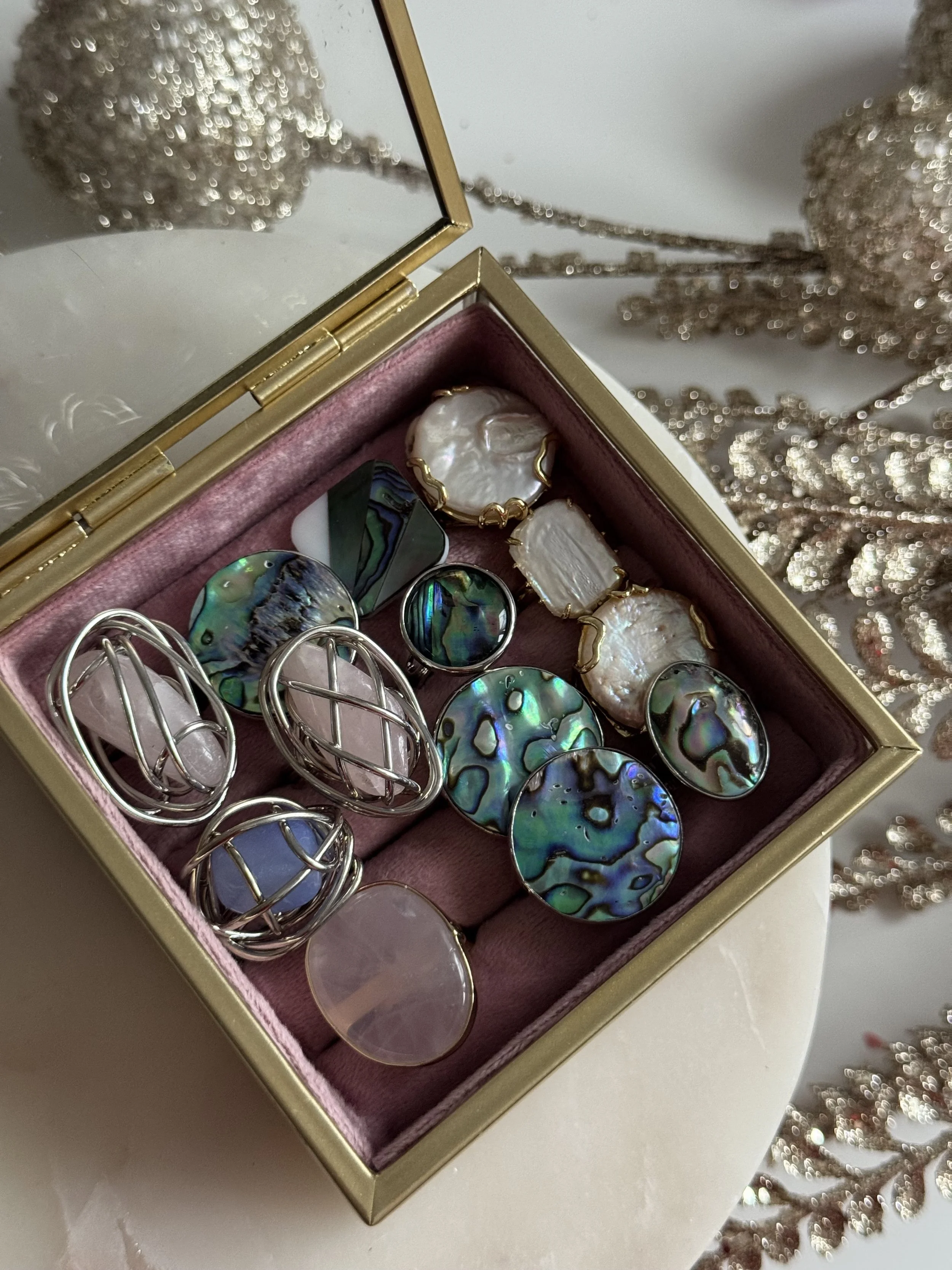 Inele scoica Abalone, sidef • Cuart roz • Cuart albastru 