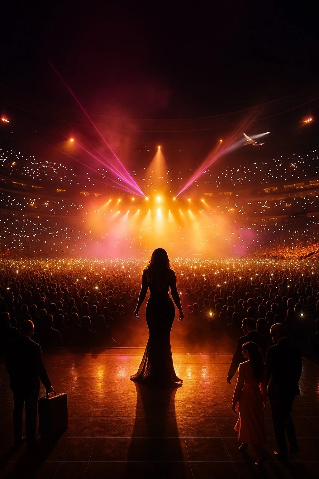 A woman in a long dress stands on a stage in front of a large, brightly lit concert crowd with colorful lights and laser beams enhancing the performance atmosphere.