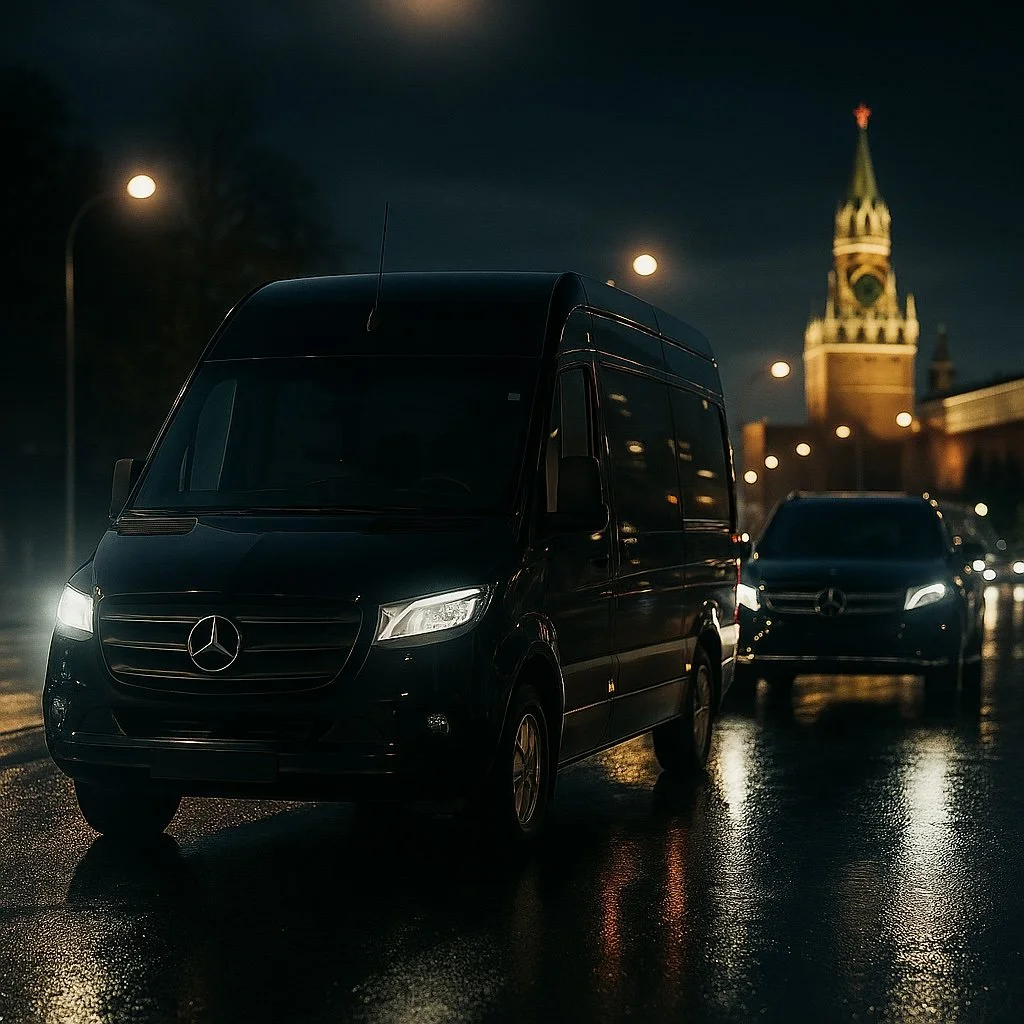 Black Mercedes-Benz van driving on wet city street at night with illuminated Big Ben clock tower in the background.