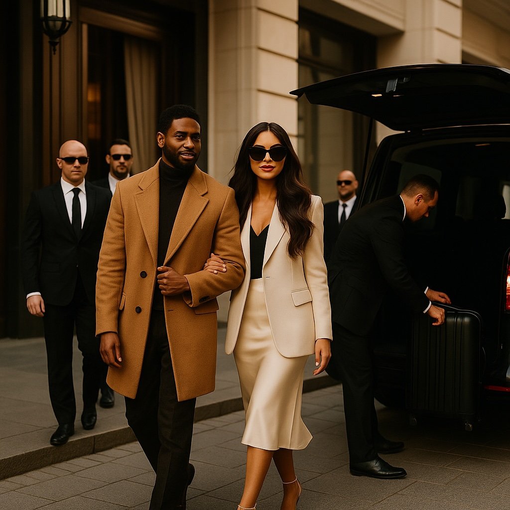 Fashionably dressed man and woman walking together in front of hotel, with security or staff in the background and a chauffeur unloading luggage from a black SUV.