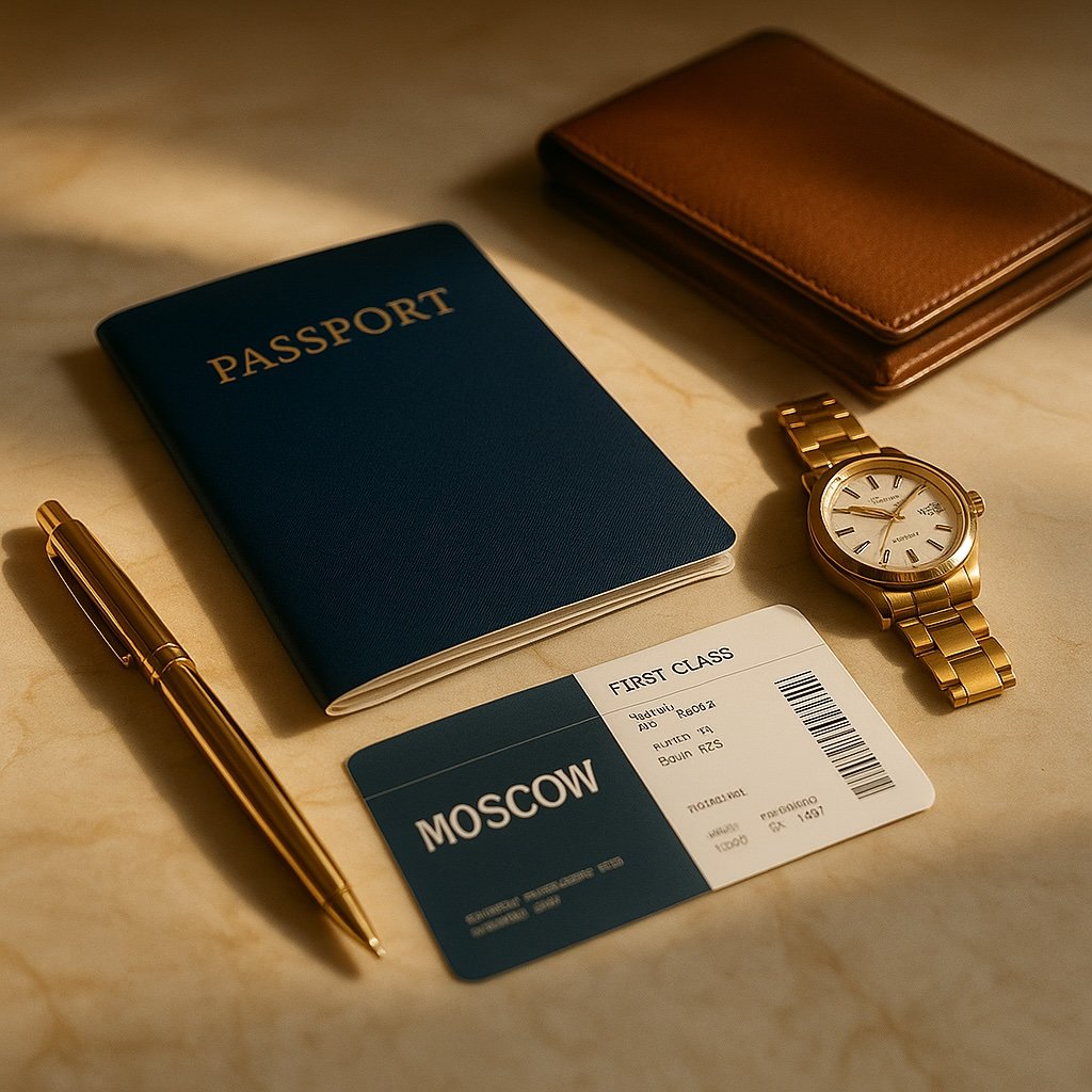 Travel essentials including a gold pen, a blue passport, a first class airline ticket to Moscow, a gold wristwatch, a brown wallet, and a boarding pass lie on a beige surface.