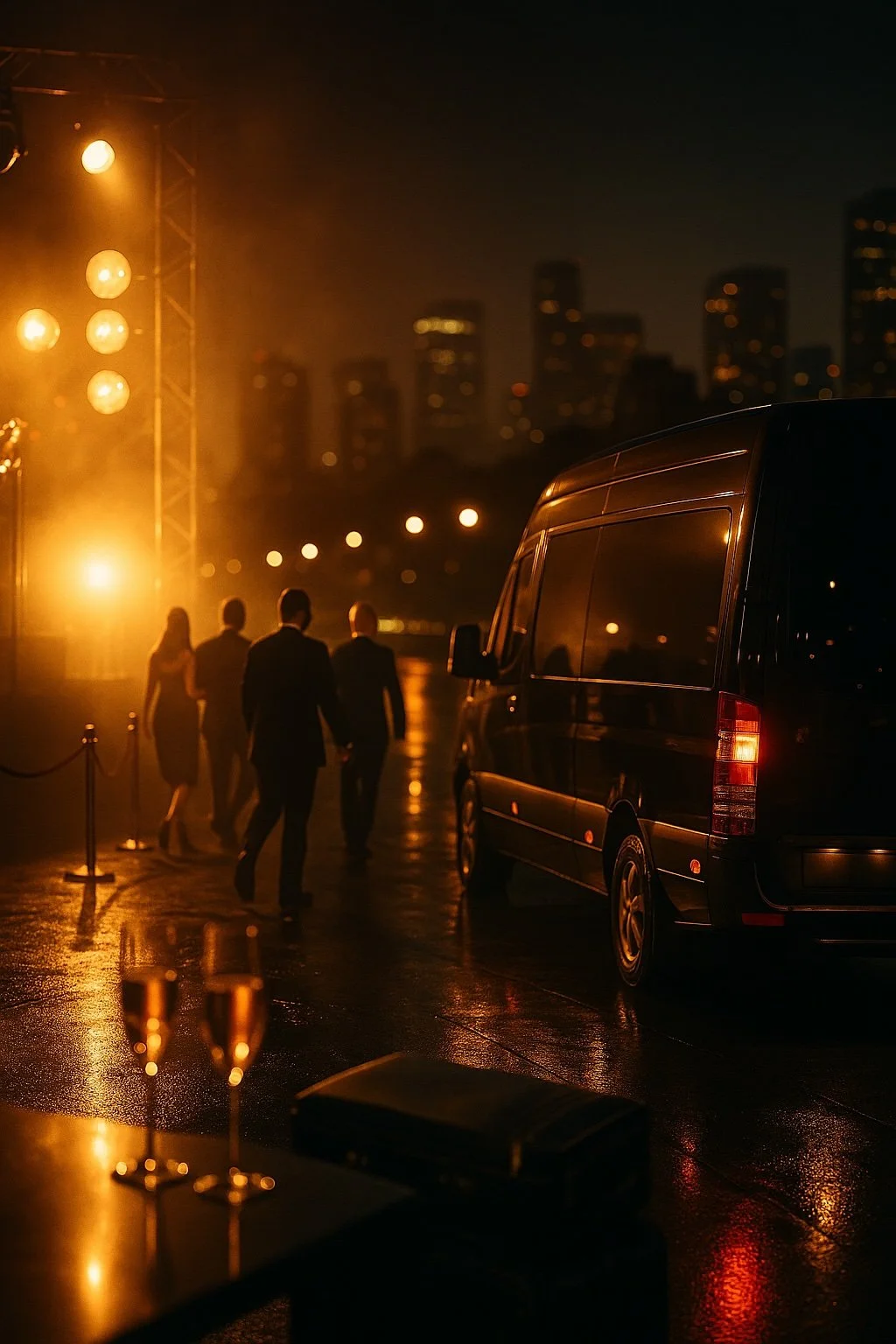 Nighttime outdoor event with a group of people walking near a black van, city skyline in the background, warm lighting, and glasses of champagne on a table.