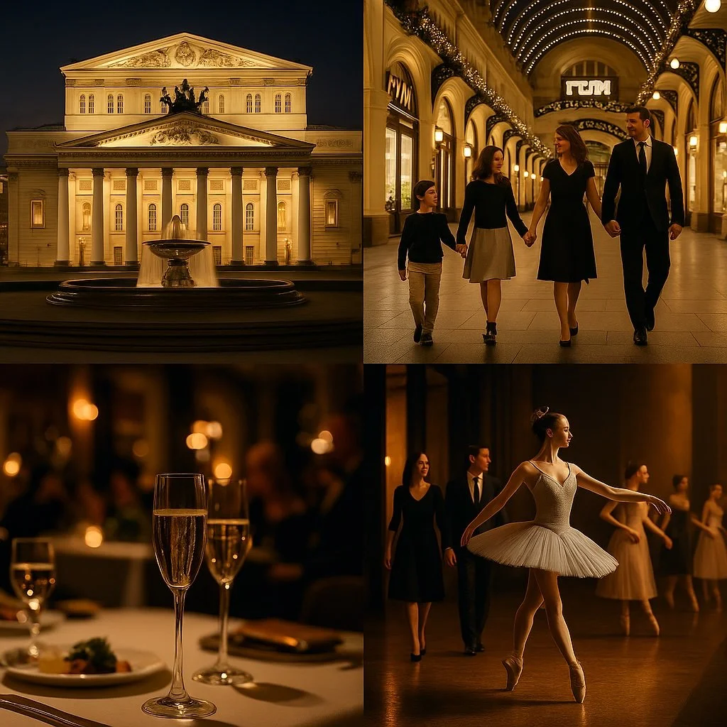 Four images in a collage: Top left shows a grand historic building with a fountain at night; Top right depicts a family walking in a shopping arcade decorated for Christmas; Bottom left features a table setting with champagne glasses and a meal; Bottom right displays ballet dancers in a theater with one ballerina performing en pointe.