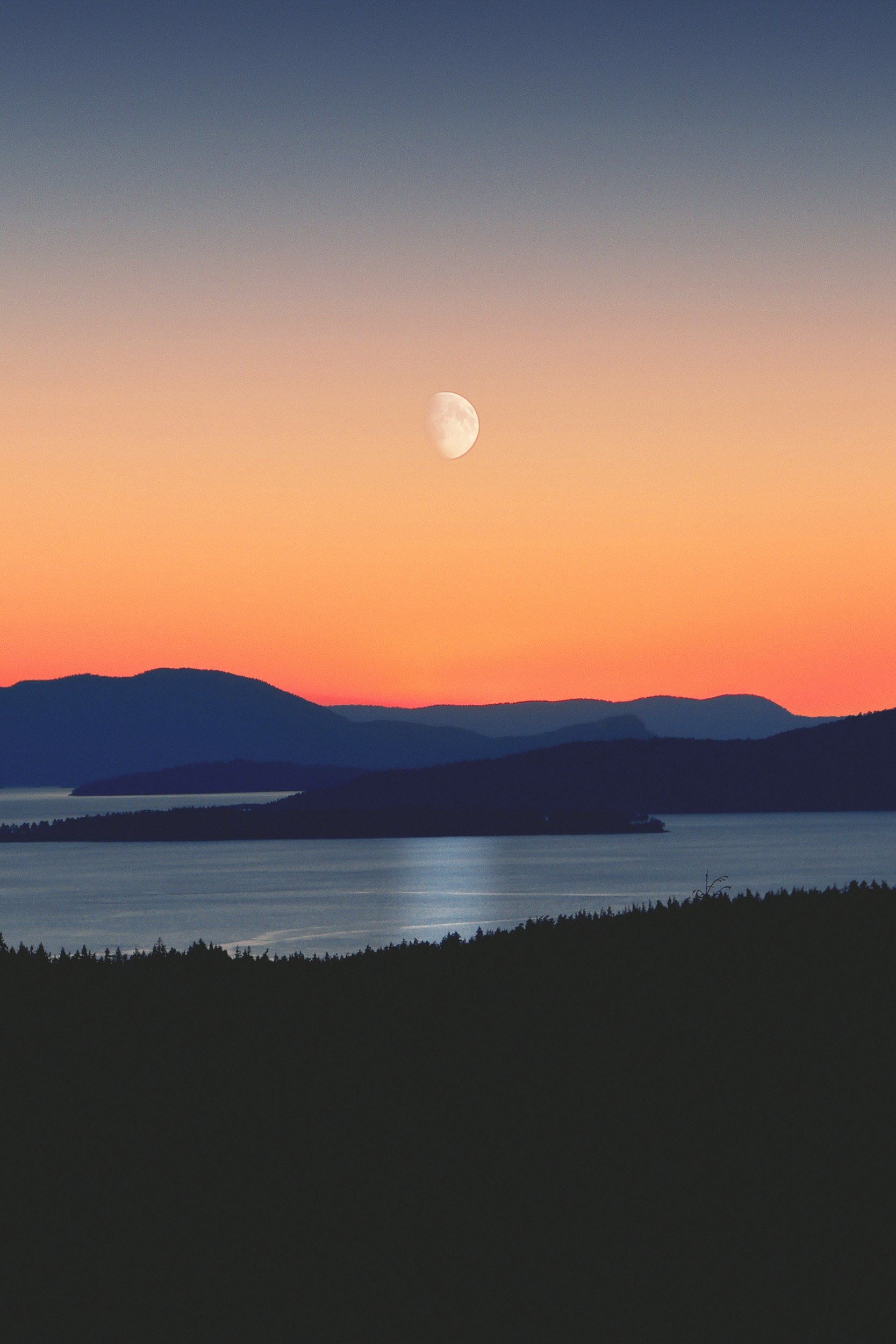 A scenic view of a sunset over Salish Sea, with silhouettes of trees and mountains in the background, and a half moon in the sky.