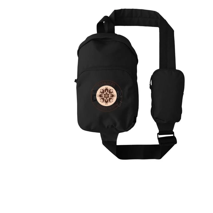 Black shoulder bag with an adjustable strap and a circular logo on the front pocket.