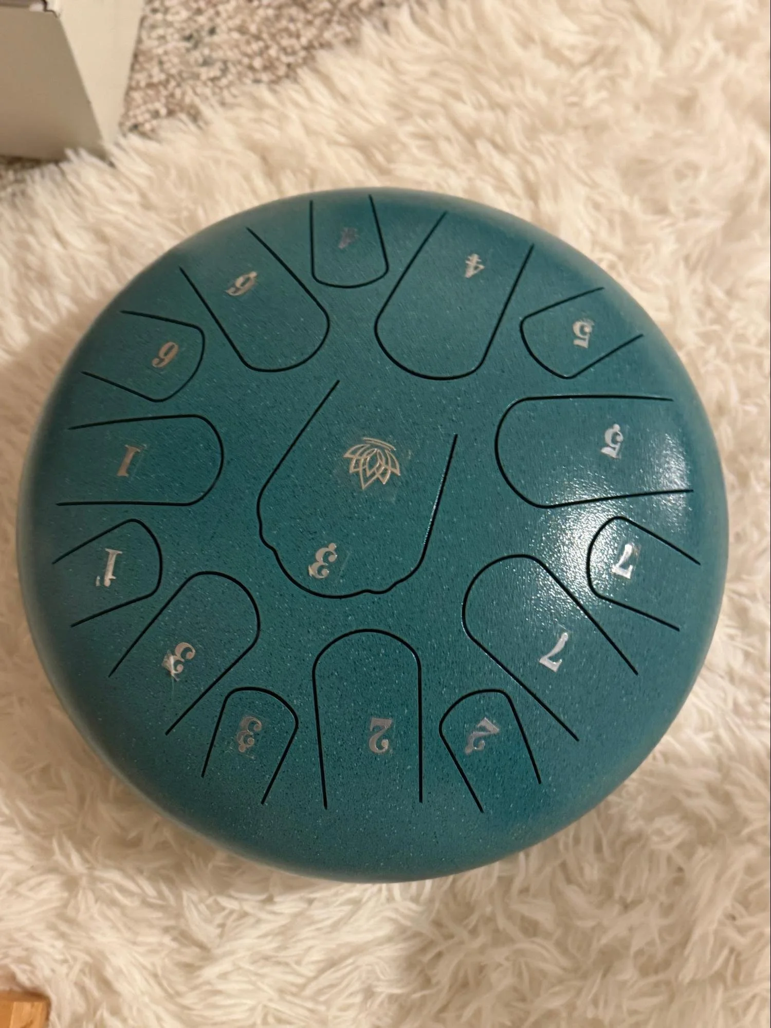 A teal-colored, round object with numbers 1 to 6 on it, arranged in a circular pattern, resting on a fluffy white carpet. The object appears to be a musical instrument, possibly a tongue drum or a similar percussion instrument.