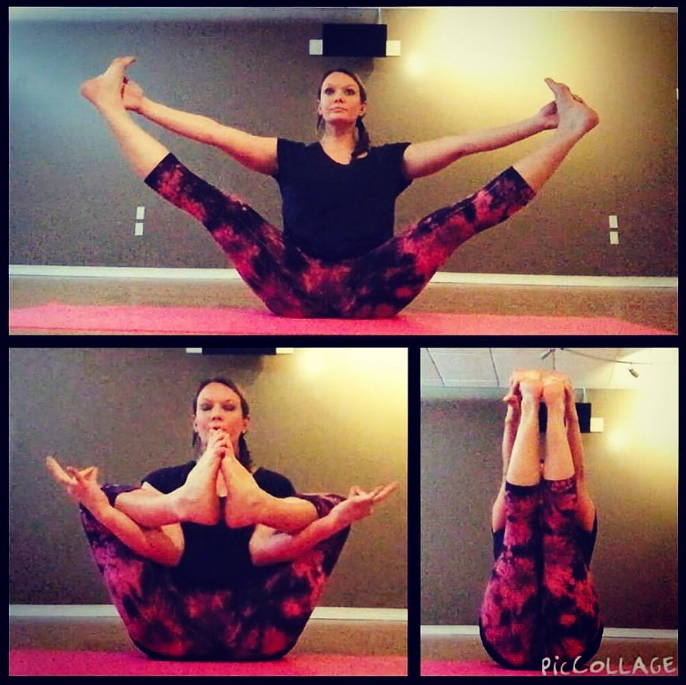 A woman demonstrating different yoga poses on a pink mat in a room with gray walls.