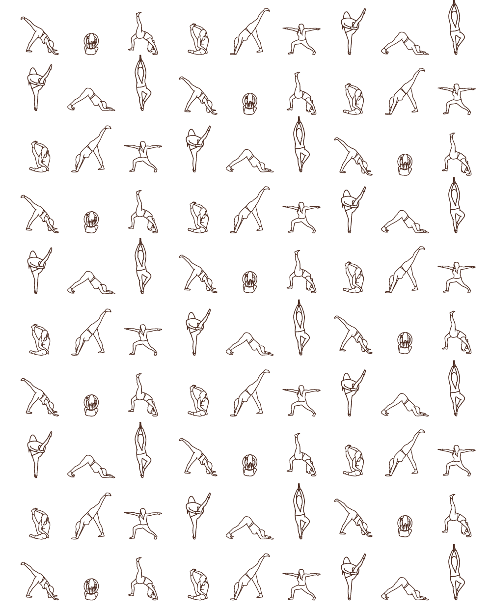 A pattern of line art illustrations of various yoga poses on a black background.