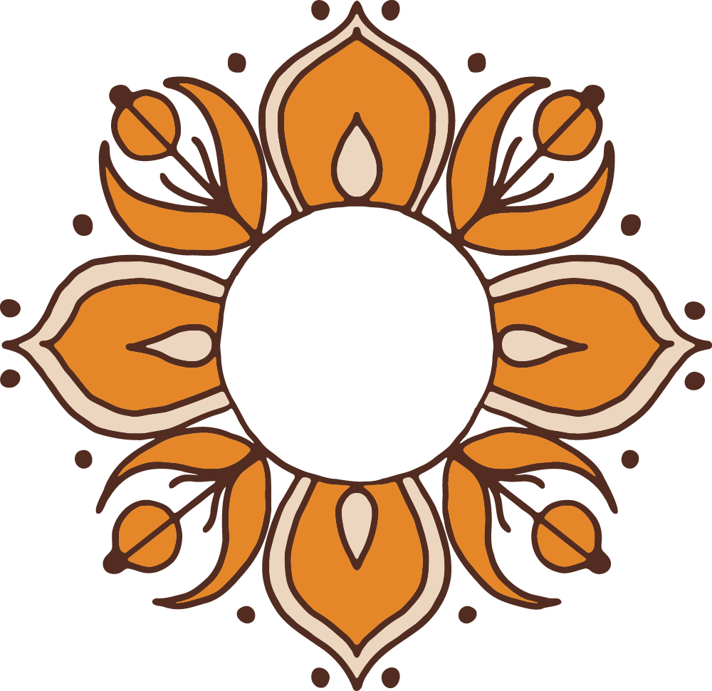 A decorative floral pattern with a black circular center, surrounded by orange and beige petal-like shapes and small dots.