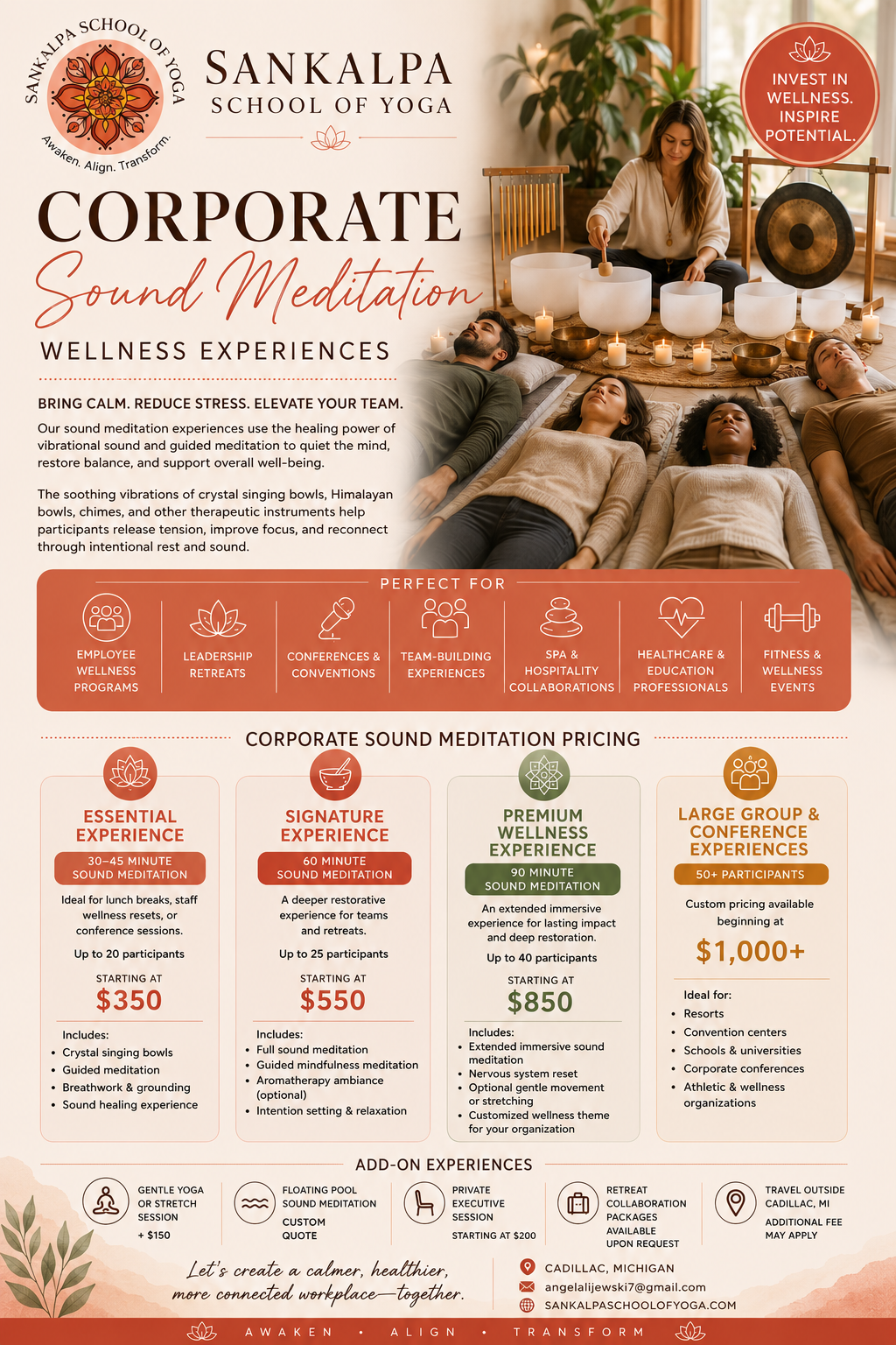 An informational flyer for Sankalpa School of Yoga advertising corporate sound meditation experiences, pricing options, and add-on services, with a photo of a group participating in a sound meditation session.
