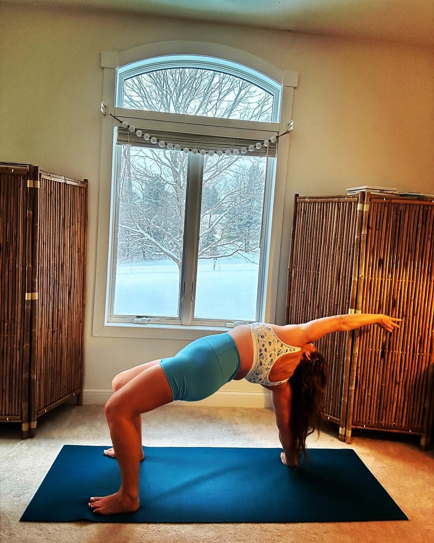 A woman doing yoga indoors, in a downward dog pose on a black yoga mat, with a large window showing a snowy landscape and trees outside, and bamboo room dividers on each side.