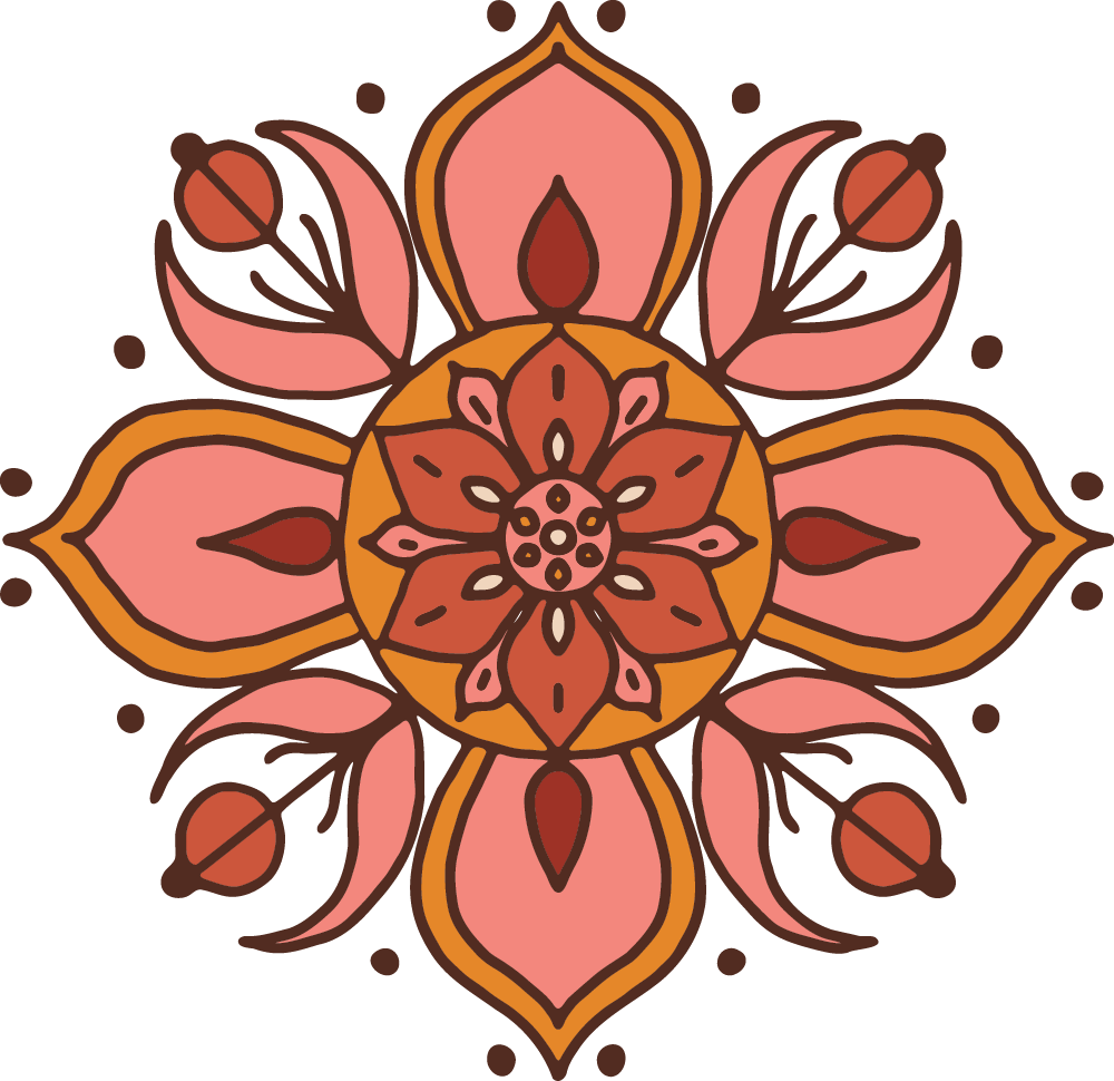 A colorful, symmetrical floral pattern with pink, orange, and brown elements, resembling a mandala or traditional decorative design.