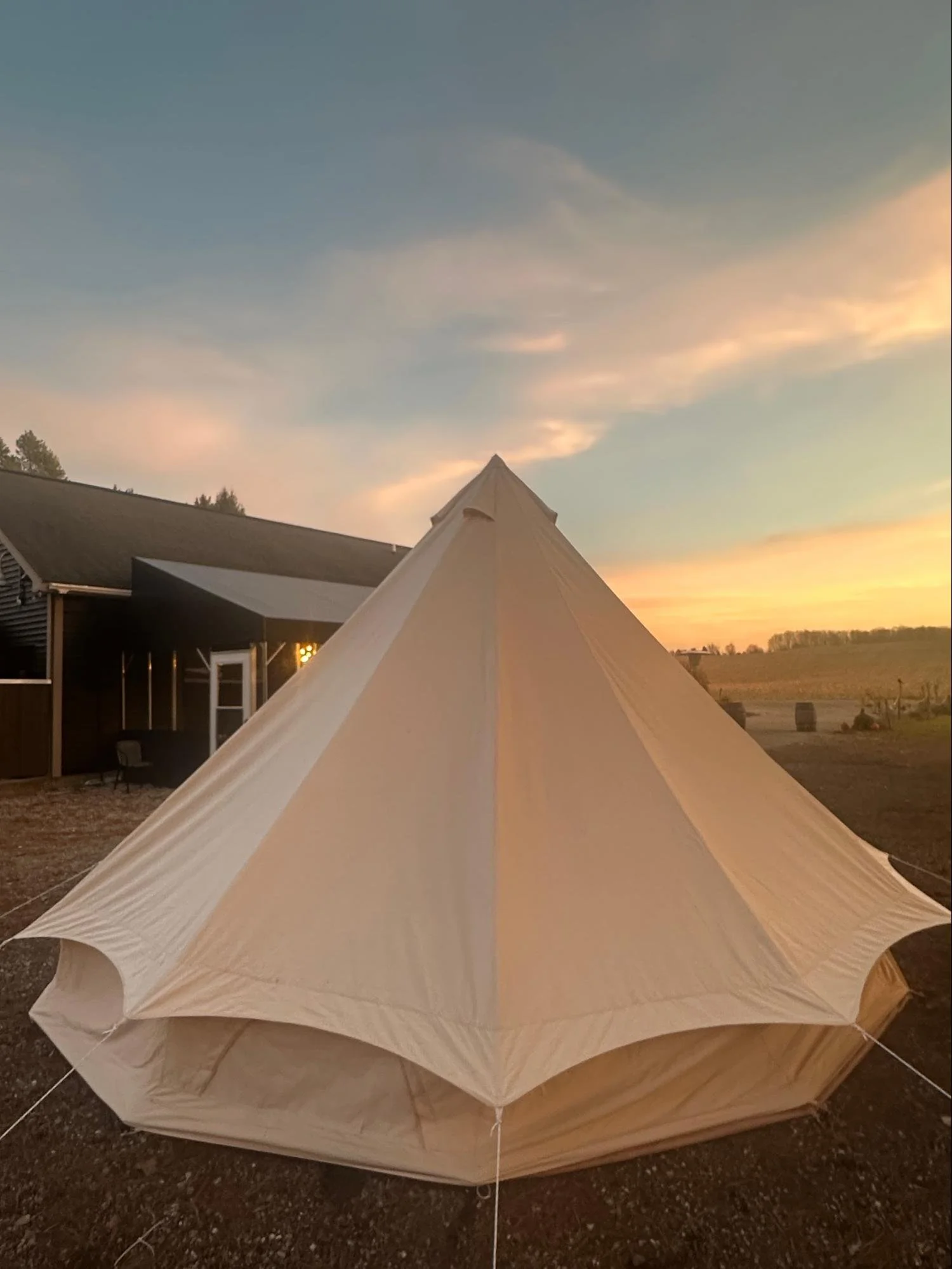 A large white tent set up outdoors at sunset with a house and trees in the background.