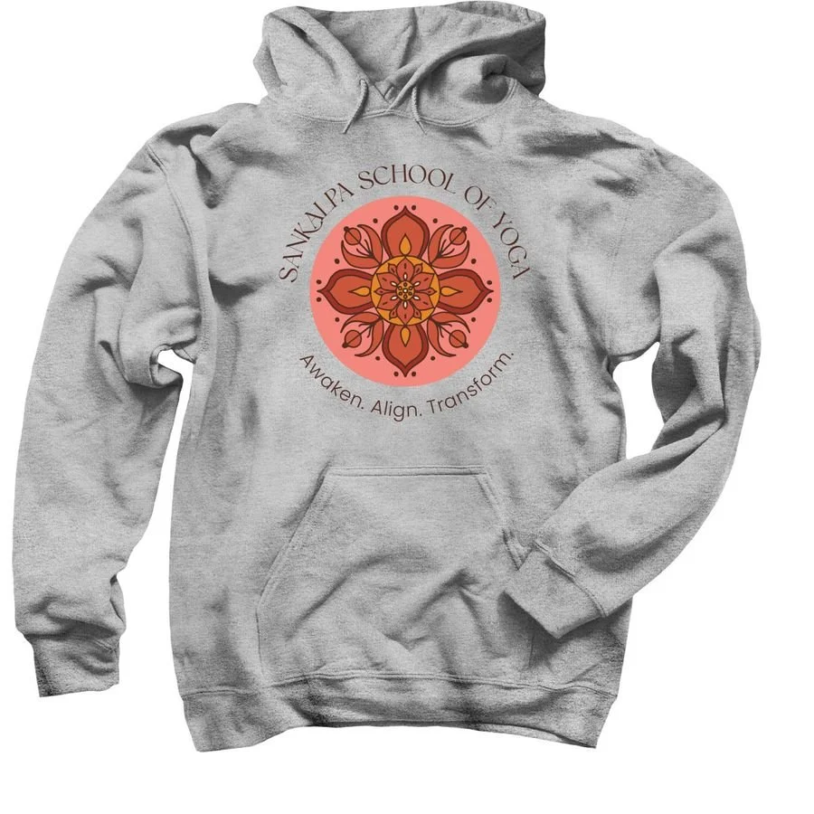 Gray hoodie with the logo of Sankalpa School of Yoga, featuring a orange and brown mandala design and the words "Sankalpa School of Yoga" and the slogan "Awaken. Align. Transform."