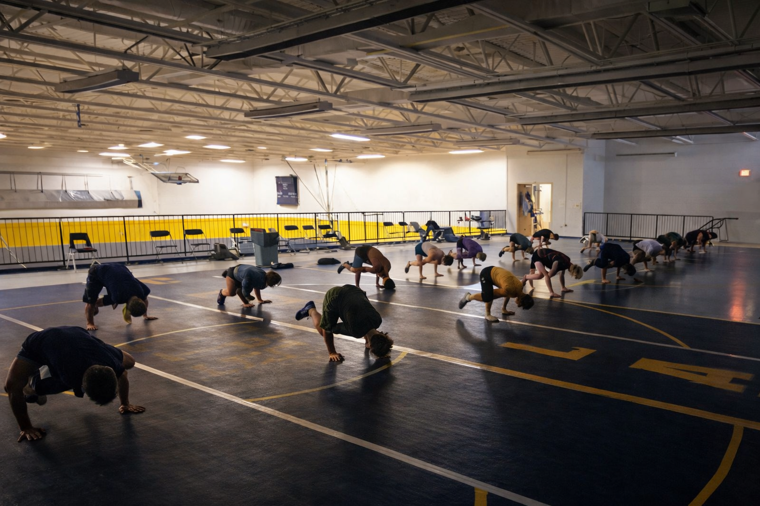 A group of people participating in a fitness class in a gym, performing a workout on the floor in a low crawl position.