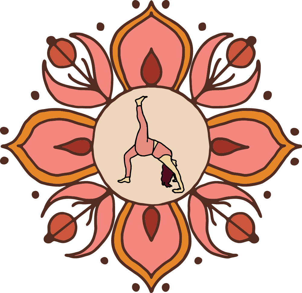 A stylized yoga figure performing a handstand in the center of a pink and orange mandala design.