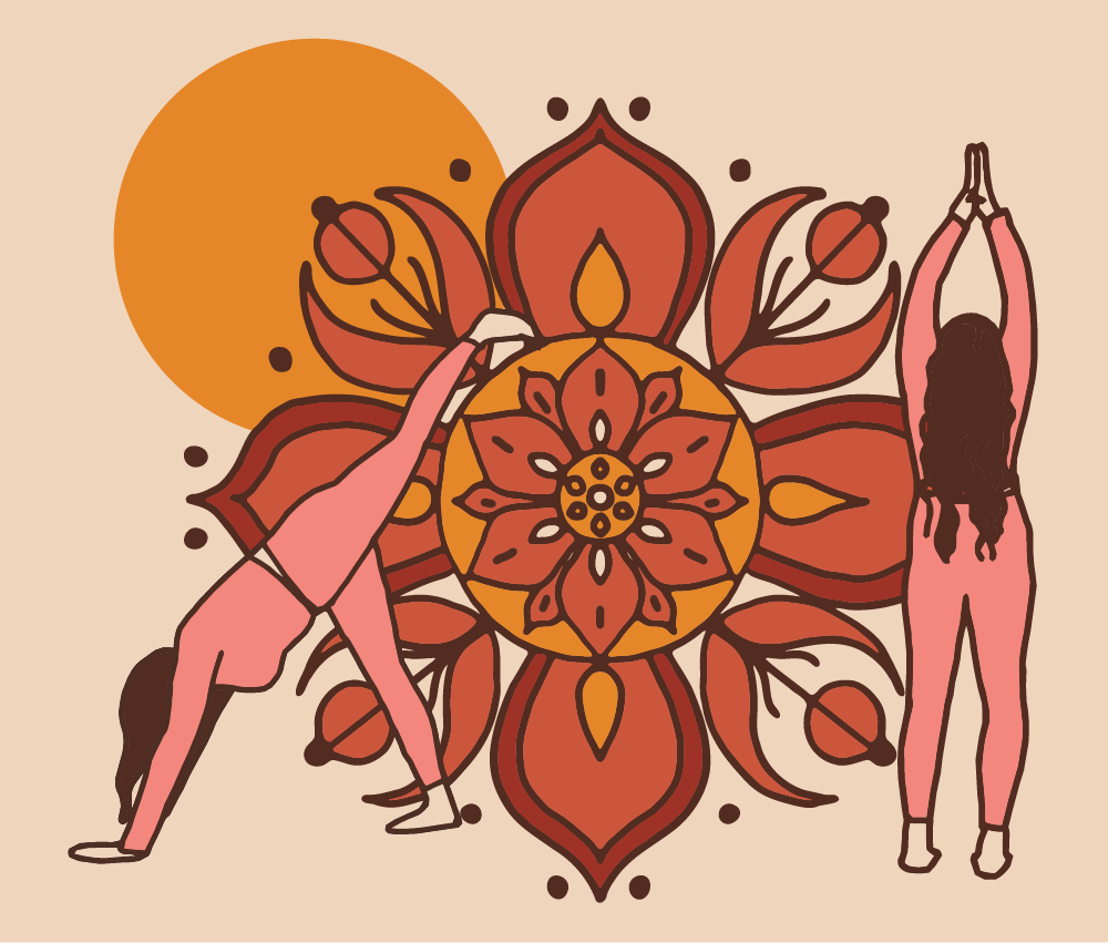 Illustration of two women practicing yoga in front of a large, stylized mandala with warm earth tones and an orange sun in the background.