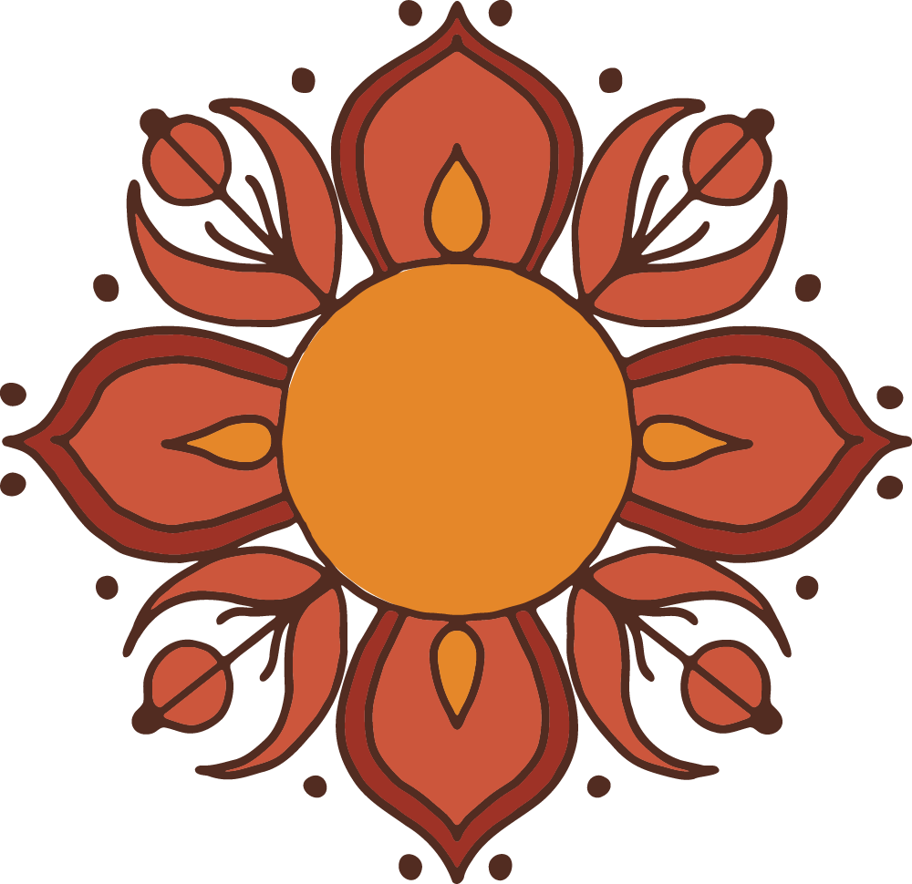 A symmetrical, floral-inspired design with a central orange circle, surrounded by stylized petal shapes in shades of orange and brown, with small decorative dots around the pattern.