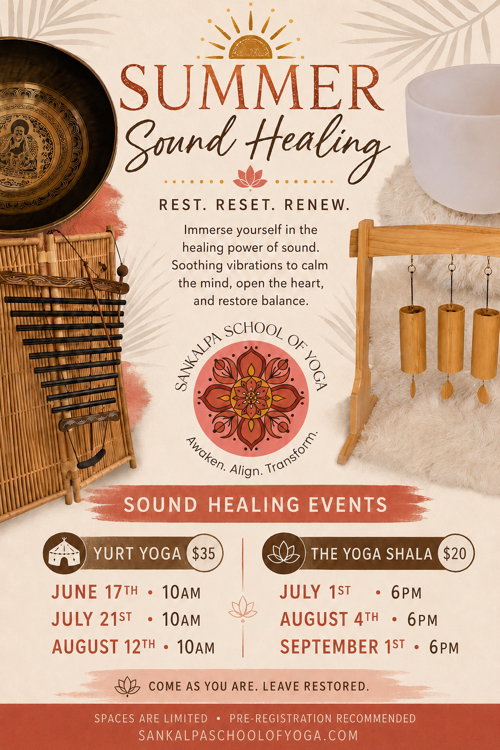 An advertisement for Summer Sound Healing events featuring sound therapy sessions by Sankalp School of Yoga. The poster showcases sound healing instruments, including a gong, singing bowls, and chimes, with details about event dates, times, and prices.