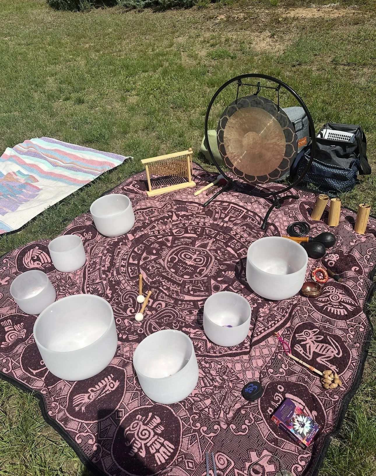 A collection of crystal singing bowls and a gong arranged on a pink and black patterned cloth outdoors on grass, with various small percussion instruments and accessories nearby.