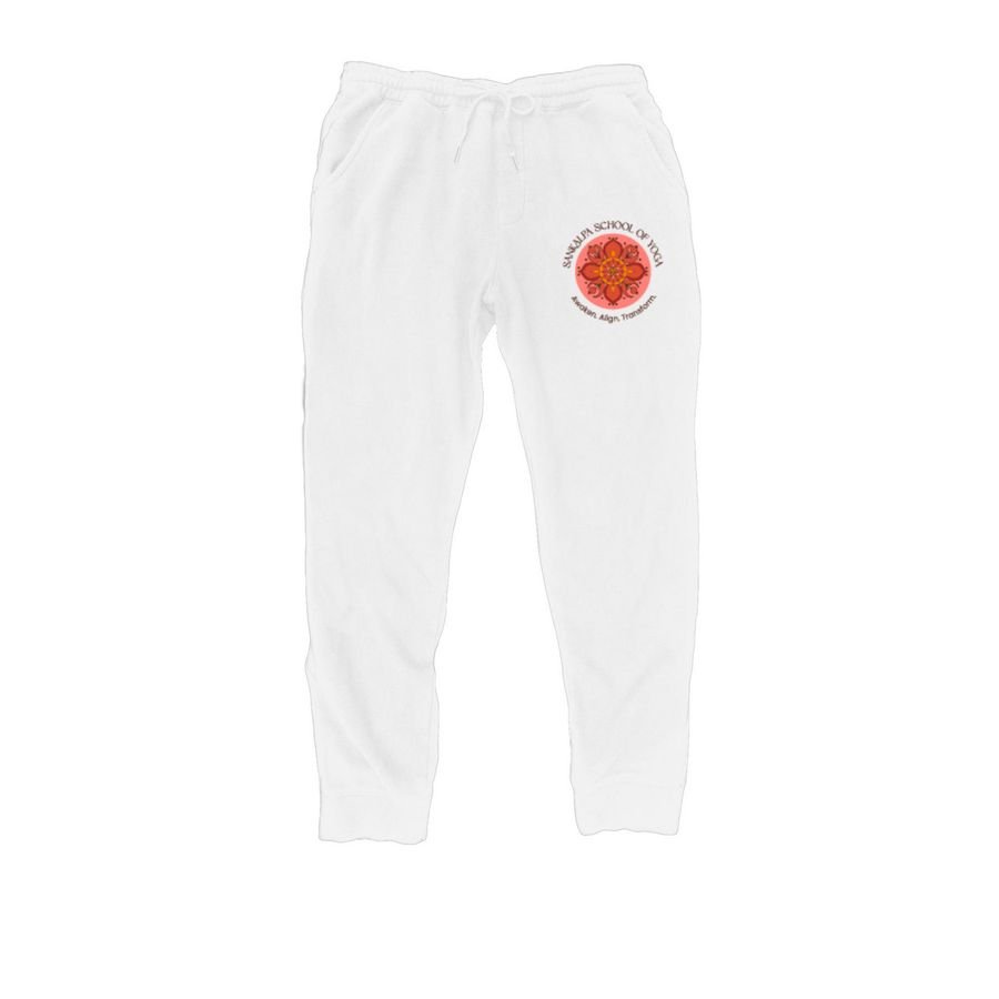 White sweatpants with a logo on the right thigh that reads 'Bangalore School of Yoga' with a red and orange emblem and the words 'Student. Align. Transform.'