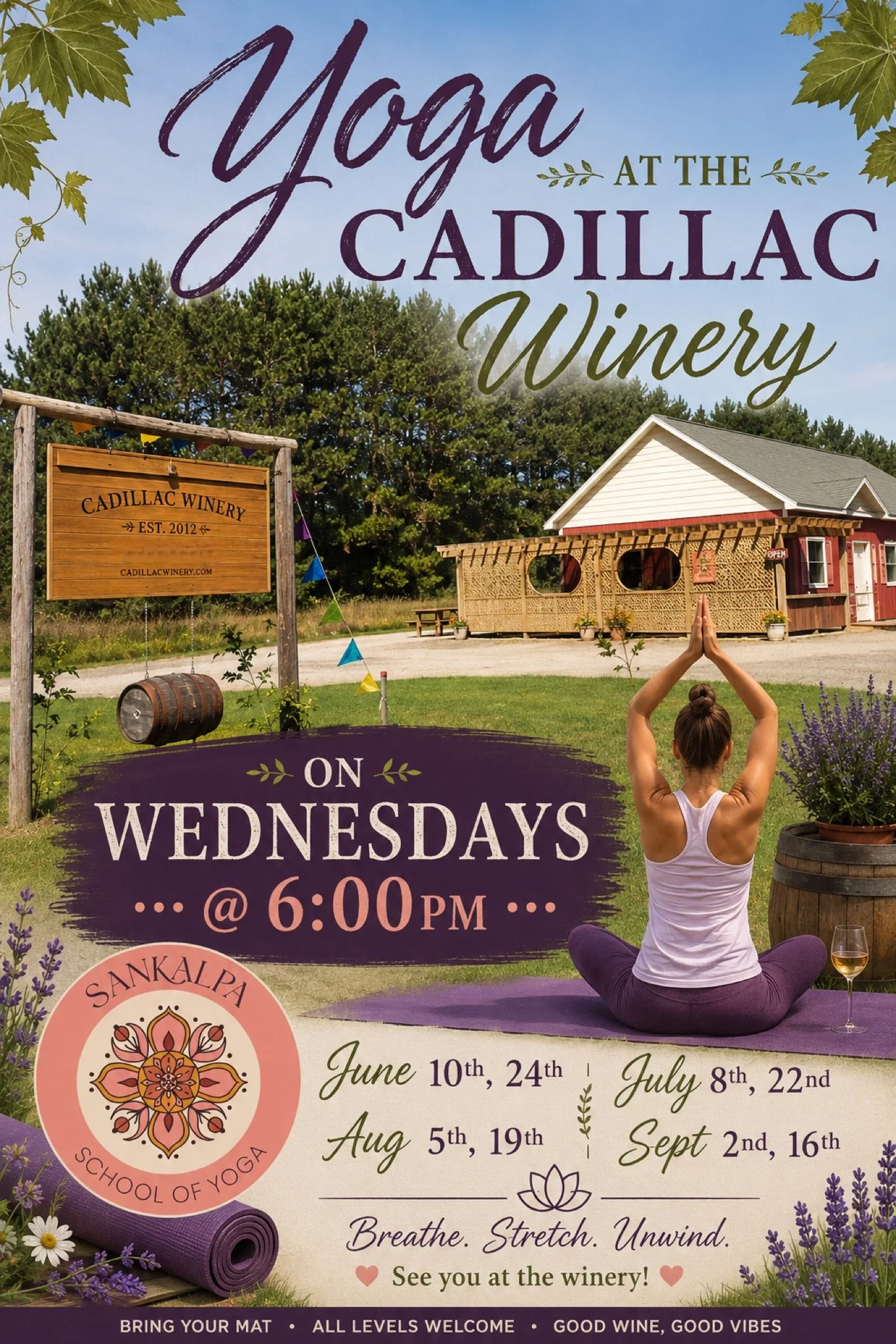 A woman practicing yoga outdoors in front of a sign that advertises yoga classes at Cadillac Winery. The scene includes trees, a small building, and a wooden sign with the winery's name and establishment date. The woman is sitting cross-legged on a yoga mat, with hands in a prayer position.