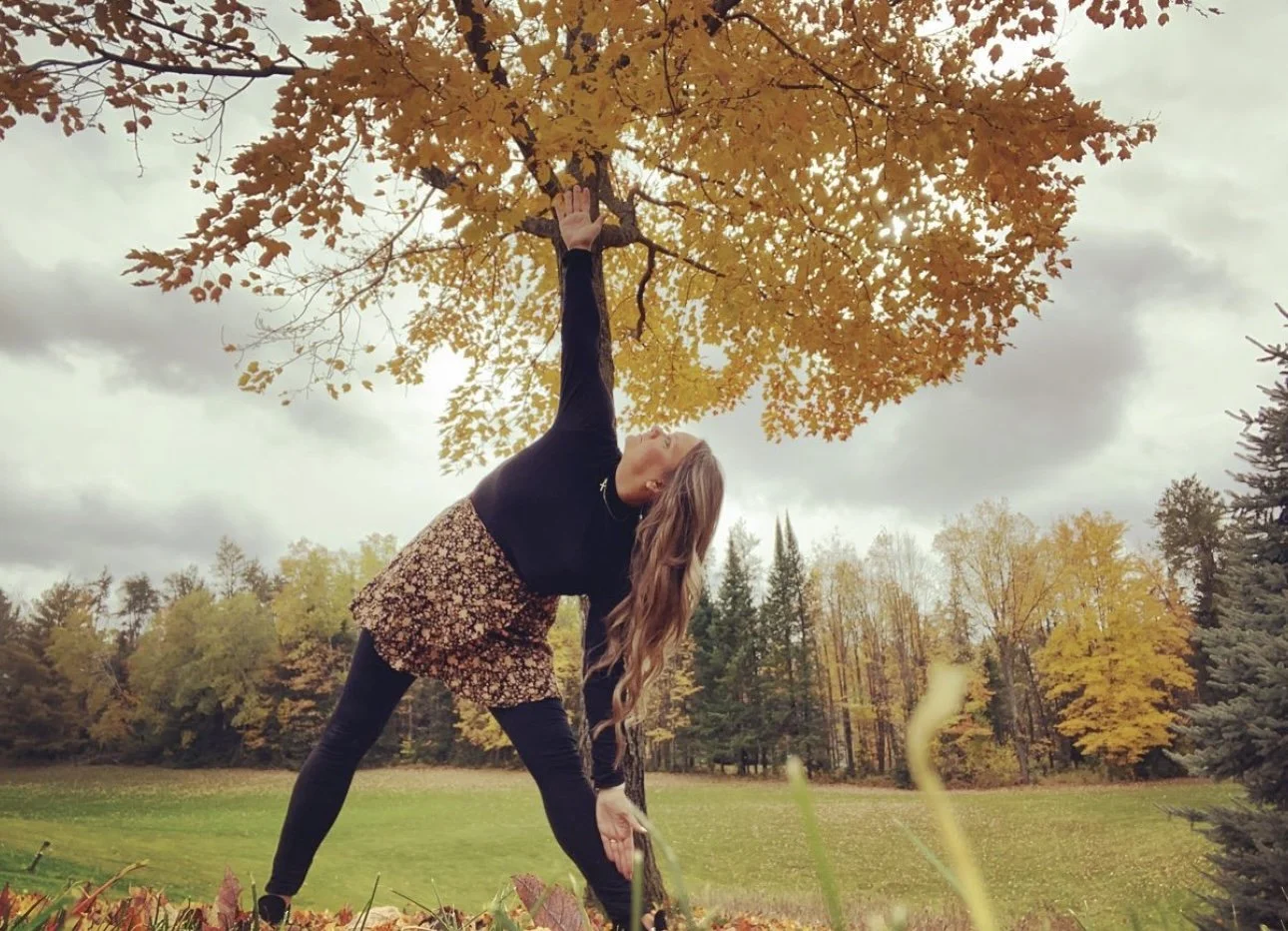 A woman practicing yoga outdoors on a grassy field surrounded by autumn trees. She is doing a triangle pose, reaching up with one hand towards a tree with yellow leaves on a cloudy day.