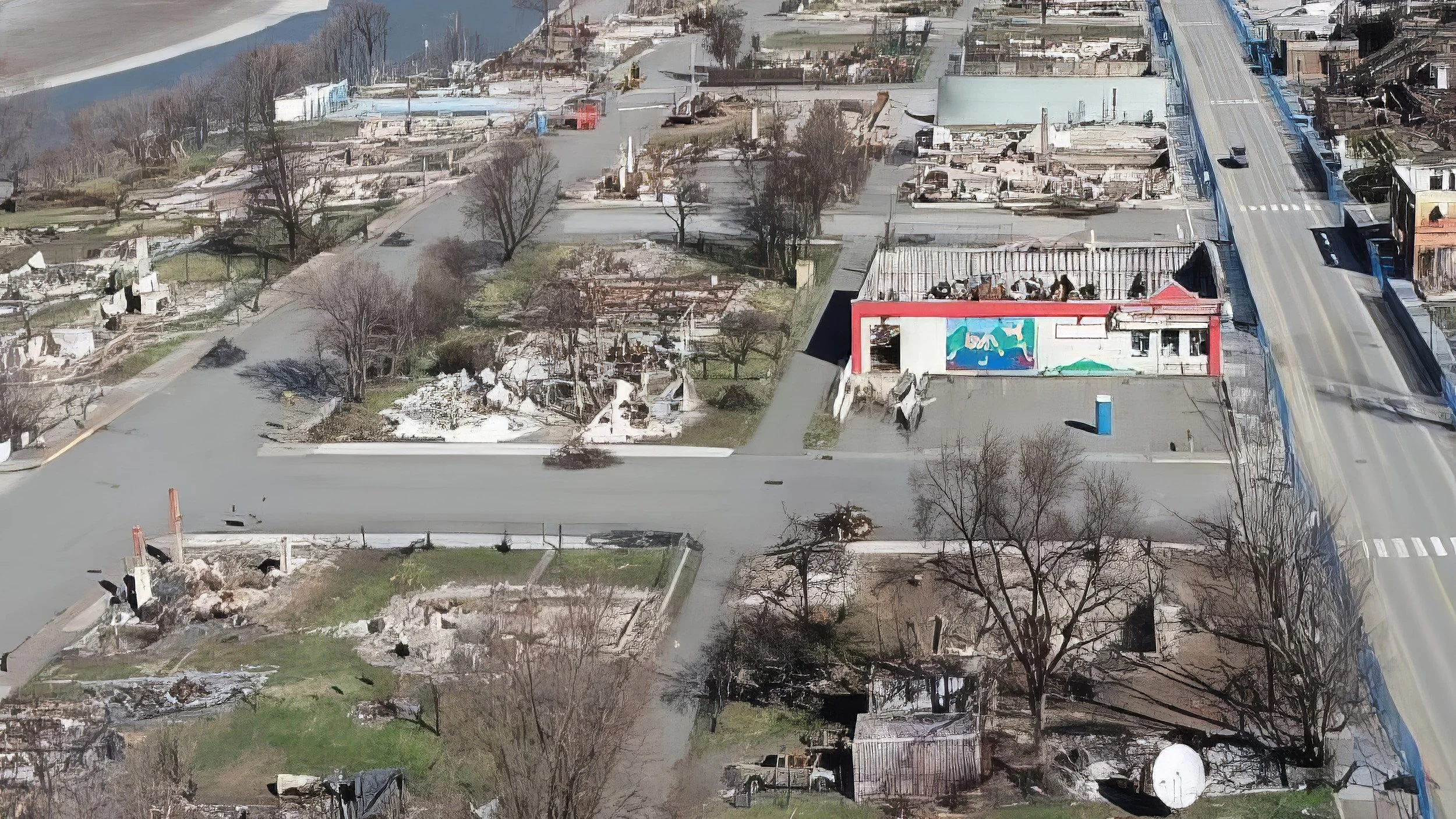 Aerial view of Downtown Lytton, BC; structures and debris following the catastrophic fire in June 2021.