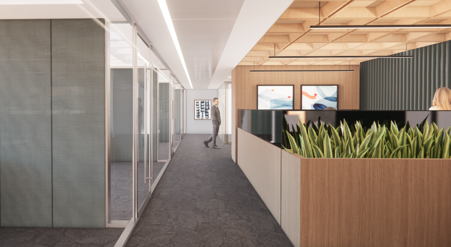 Modern office corridor with glass-walled conference rooms on the left, a man walking, and a reception area with green plants, artwork, and a woman on the right.