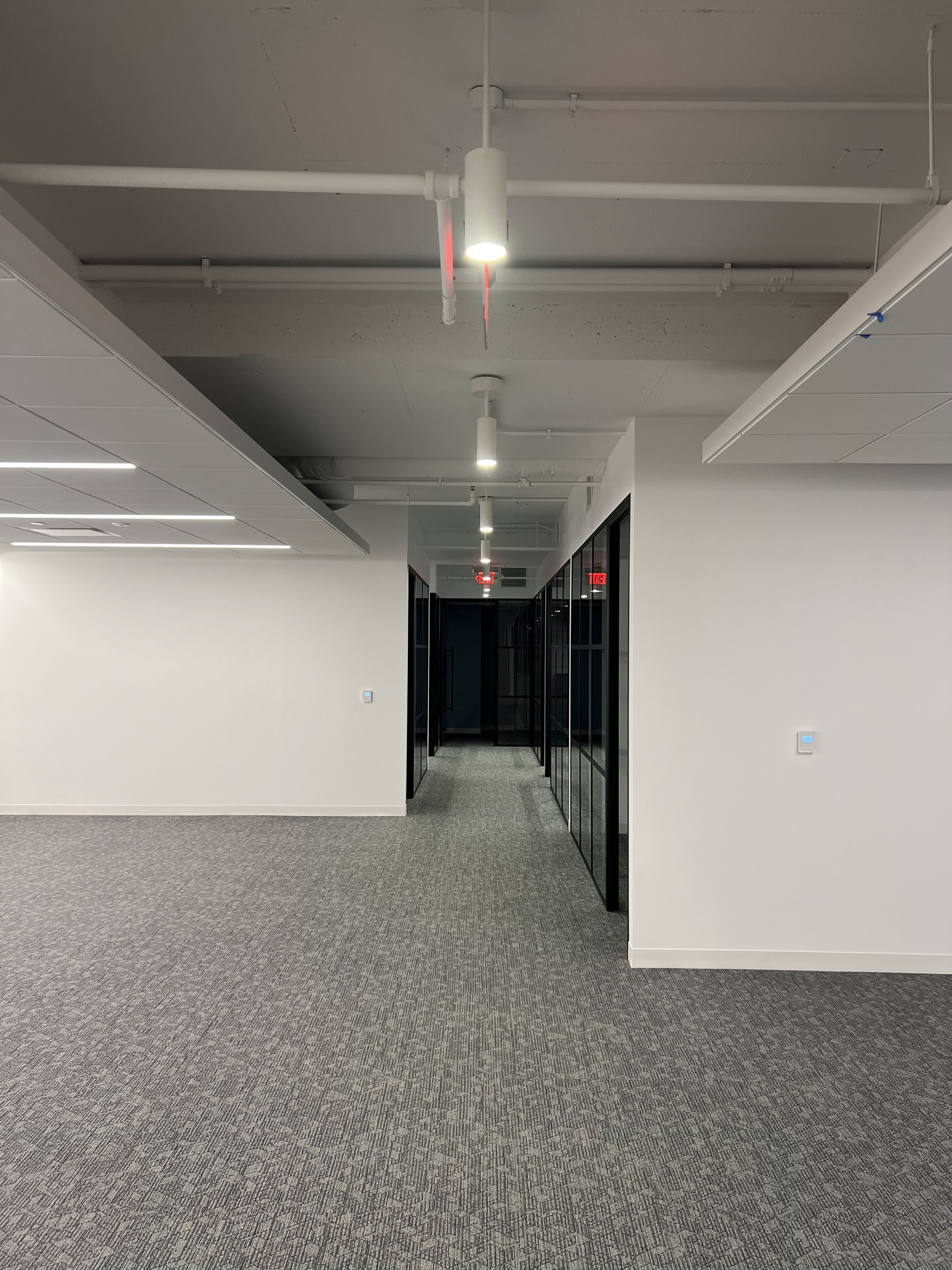 Empty modern office hallway with glass-walled rooms, white walls, grey carpeted floor, and ceiling lights.