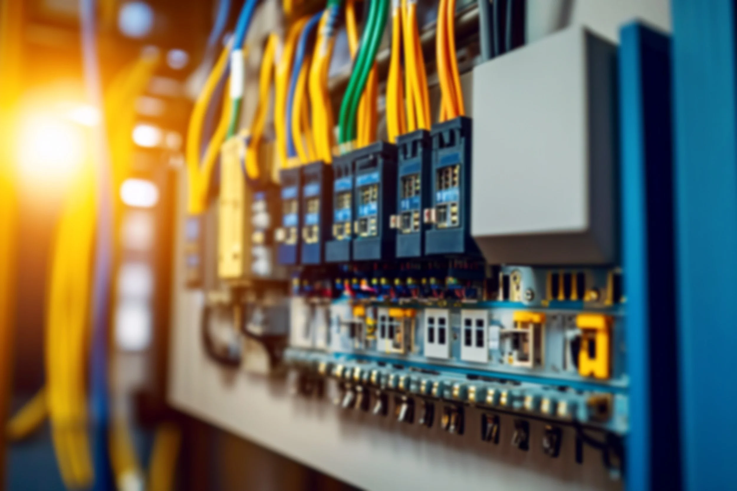 Close-up of an electrical control panel with various colored wires and circuit boards.
