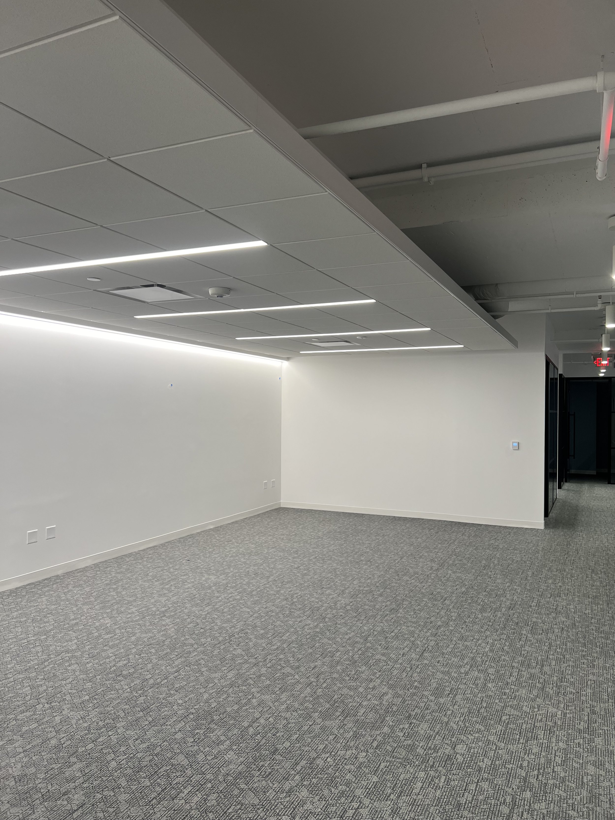 Empty office space with white walls, gray carpet, and modern ceiling lights.