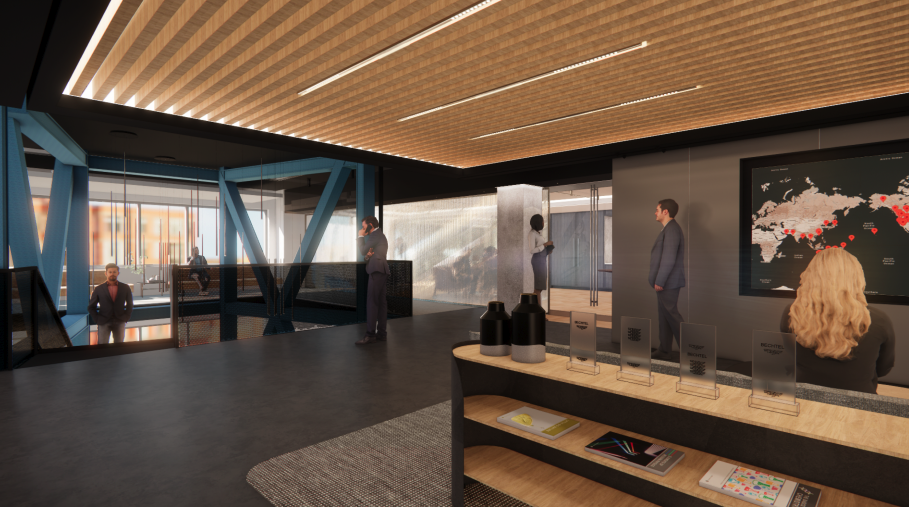 Interior of a modern office lobby with people using their phones, a large world map on the wall, and reception desk with brochures and decorative items.