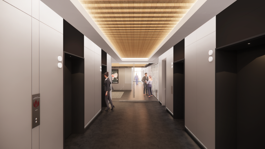 Modern elevator lobby with four elevators, sleek gray and black design, wood ceiling accents, and a group of people inside an office building.