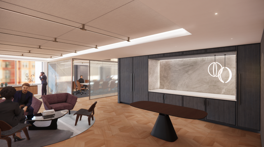 Modern office lounge area with a group of people talking, a conference room in the background, and contemporary lighting fixtures.