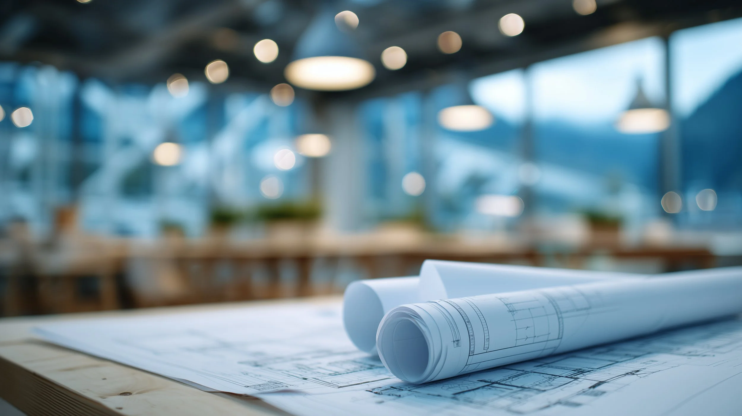 Blueprints and rolled architectural drawings on a wooden table inside a modern office or conference room.