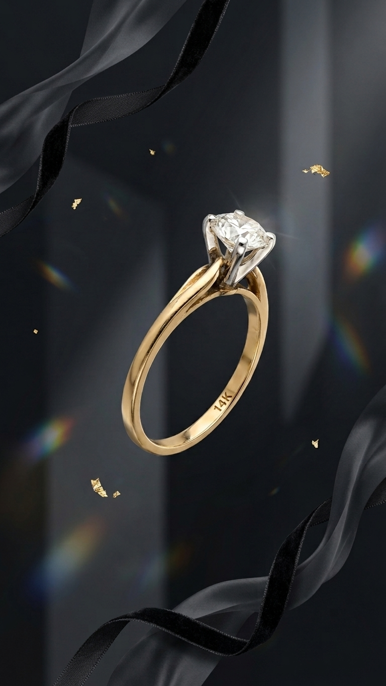 A gold engagement ring with a large diamond solitaire in a silver setting, marked '14K' inside, surrounded by black ribbon and scattered gold confetti on a dark background.