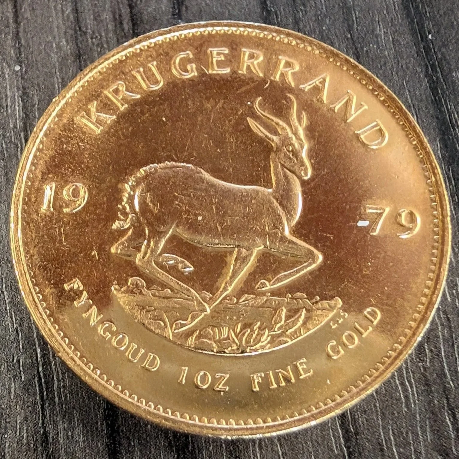 A South African gold coin featuring a springbok antelope standing on a patch of grass, with the words 'South African' and 'Finest Gold' inscribed around the edge, and the year '1979' divided by the antelope.