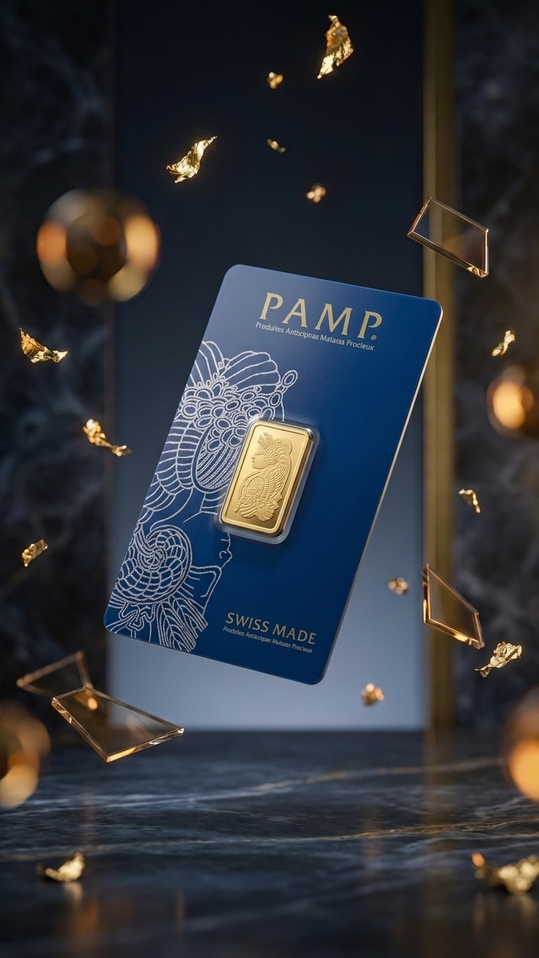A gold bar with a lion engraving is displayed on a blue card with intricate designs, surrounded by floating gold confetti and geometric ornaments, set against a dark background.