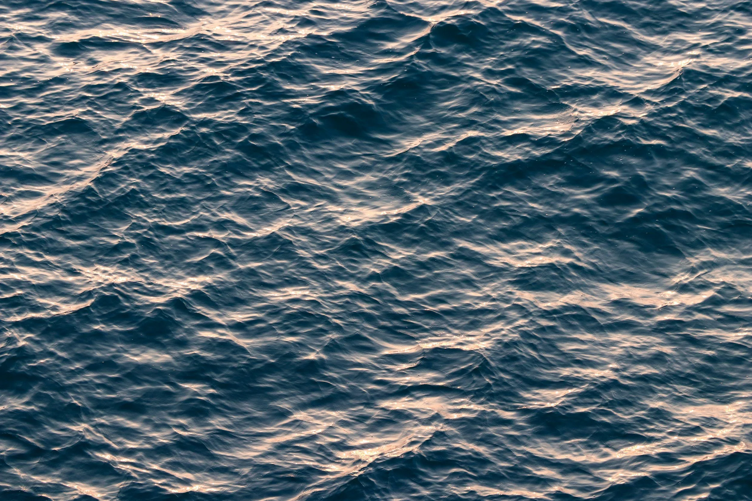 Ocean water with ripples and sunlight reflections.