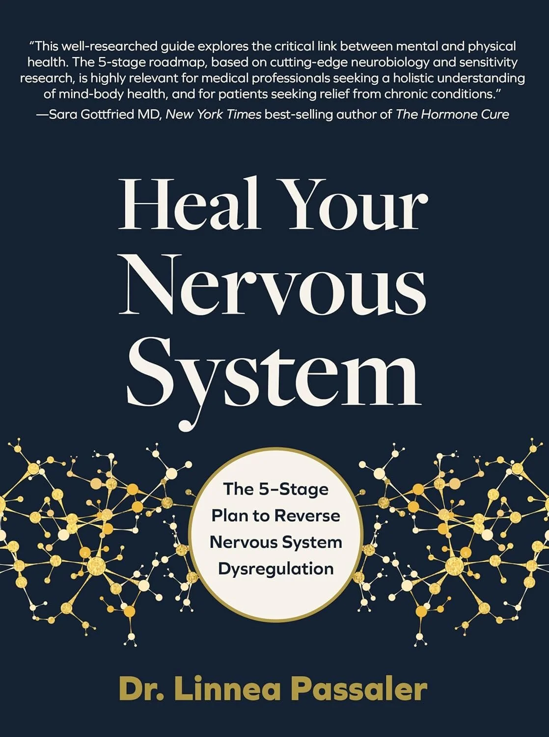 Book cover titled "Heal Your Nervous System" by Dr. Linnea Passaler, featuring a dark blue background, molecular illustrations in gold and white, and a white circular emblem with black text about a 5-stage plan to reverse nervous system dysregulation