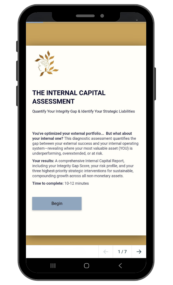 Screenshot of a mobile app displaying The Internal Capital Assessment with a gold and white theme, a logo of a laurel-wrapped profile of a person's head, a description, and a blue 'Begin' button.