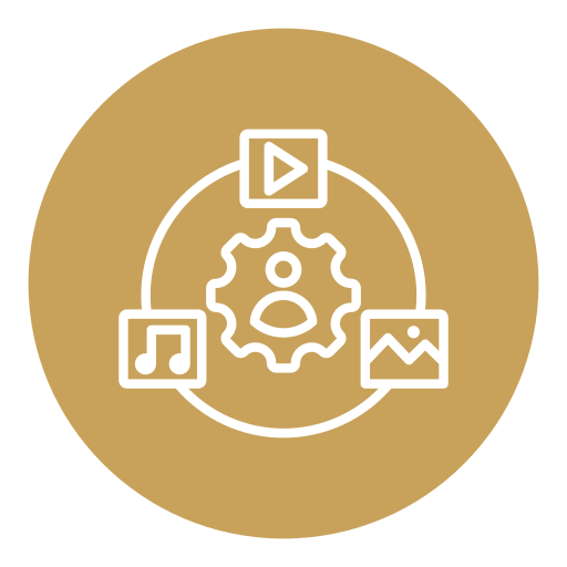 Icon representing media management with a gear in the center surrounded by icons for music, video, and pictures.