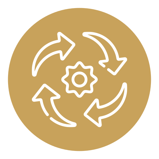 Icon of a gear surrounded by four arrows forming a circle, on a brown circular background, representing process or recycling.