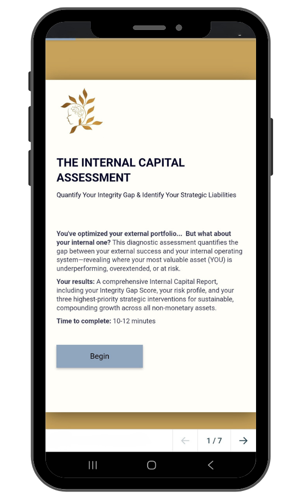 Mobile phone screen displaying the 'Internal Capital Assessment' webpage with a logo of a stylized face and leaves, a headline, description, and a blue 'Begin' button.