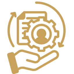 An illustration of a hand holding a document with a gear and circular arrow around it, representing technology or process management.