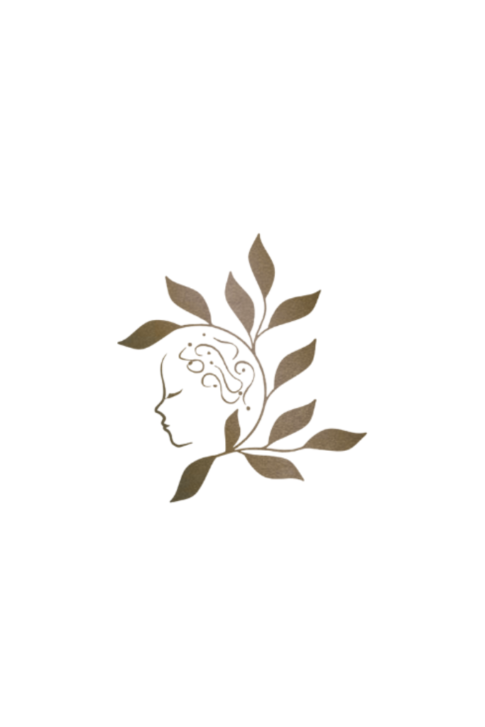 Illustration of a human skull with a plant growing from the top, featuring leaves and stems.