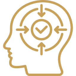 Silhouette of a human head with a clock and arrows inside representing time management or mental focus.