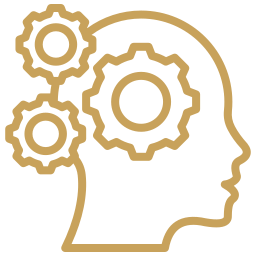 Outline of a human head with three interconnected gears inside, symbolizing thinking or mental processes.