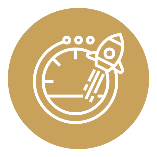 A white outline of a clock with a rocket launching next to it on a gold circular background.